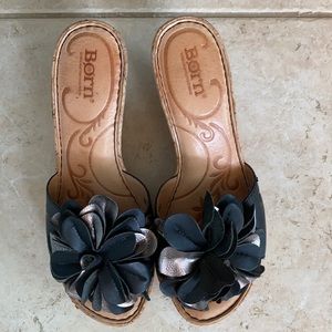 Blue & silver Born platform cork slides.